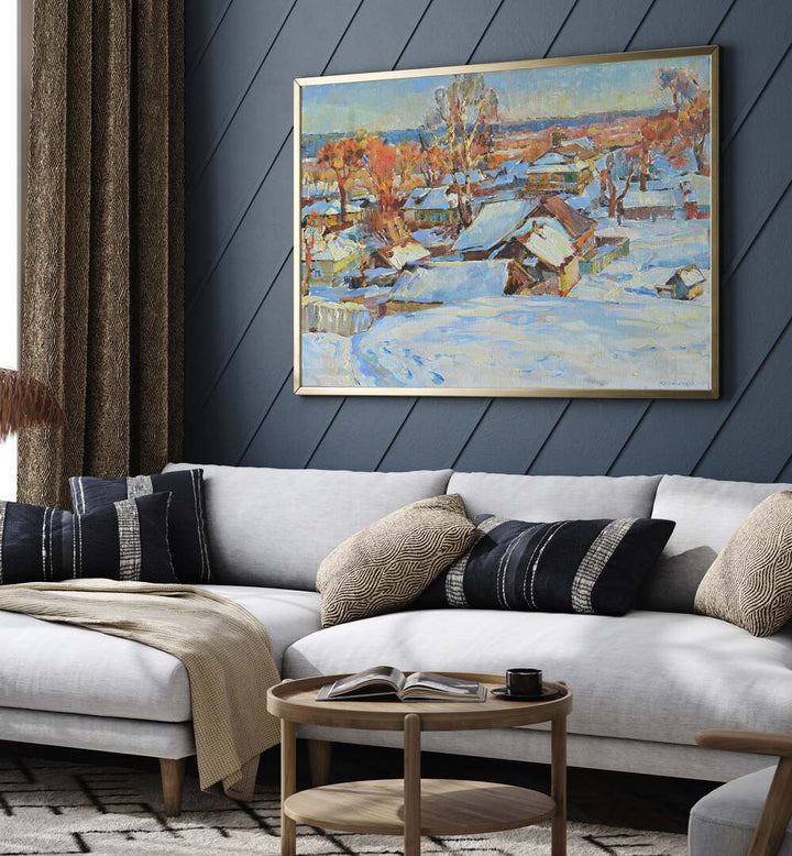 Beautiful WINTER, LANDSCAPE PAINTINGS displayed in a cozy living room, perfect for enhancing your winter decor.