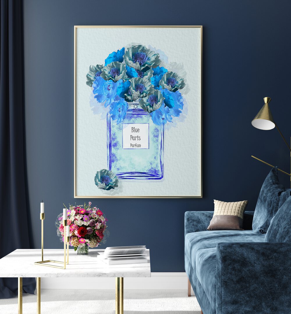 Elegant BLUE PARIS PARFUM fashion poster featuring floral art, perfect for home decor and fragrance enthusiasts.