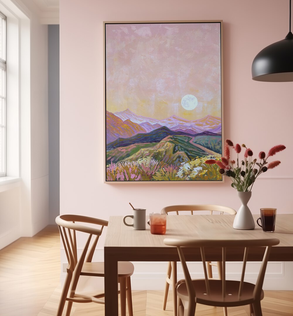 Stunning MOON HILLS, LANDSCAPE PAINTINGS adorn a cozy dining space, enhancing the serene beauty of your home.