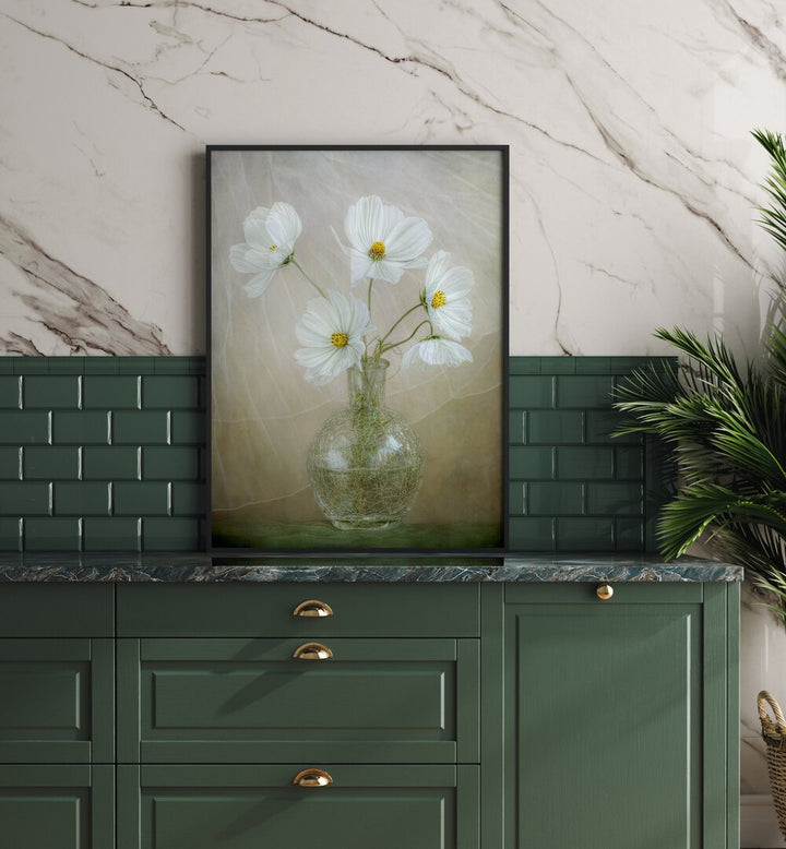 Brighten your space with COSMOS BREEZE, FLORAL FLOWER PAINTINGS featuring elegant white flowers in a stylish vase.