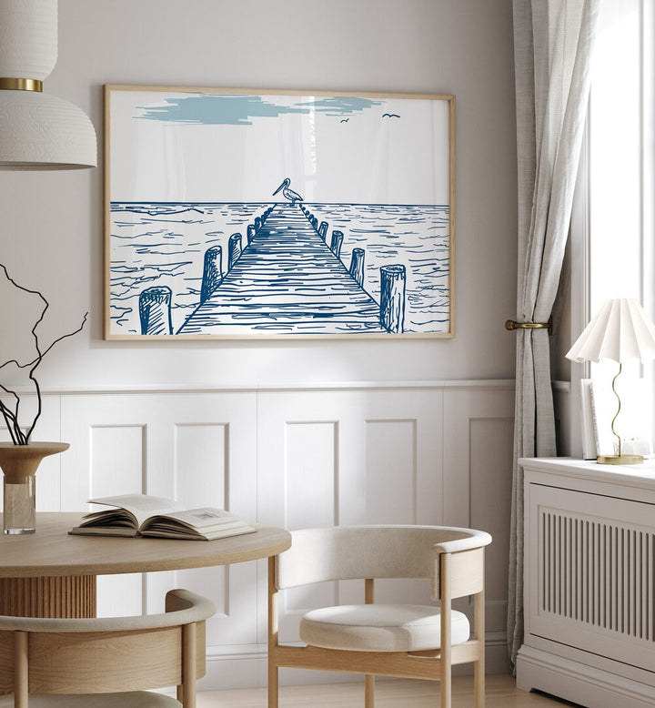 Elegant PELICAN PIER, BEACH PAINTINGS showcasing a serene pier scene, perfect for enhancing any outdoor space.