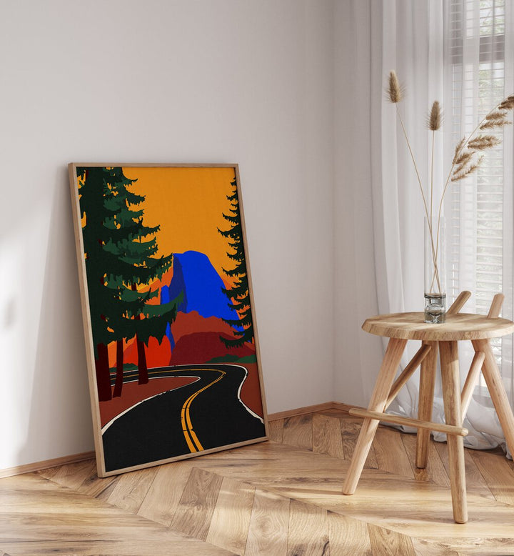 Vibrant GLACIER ROAD WITH HALF DONE, LANDSCAPE PAINTINGS showcasing a scenic road amidst colorful mountains and trees.