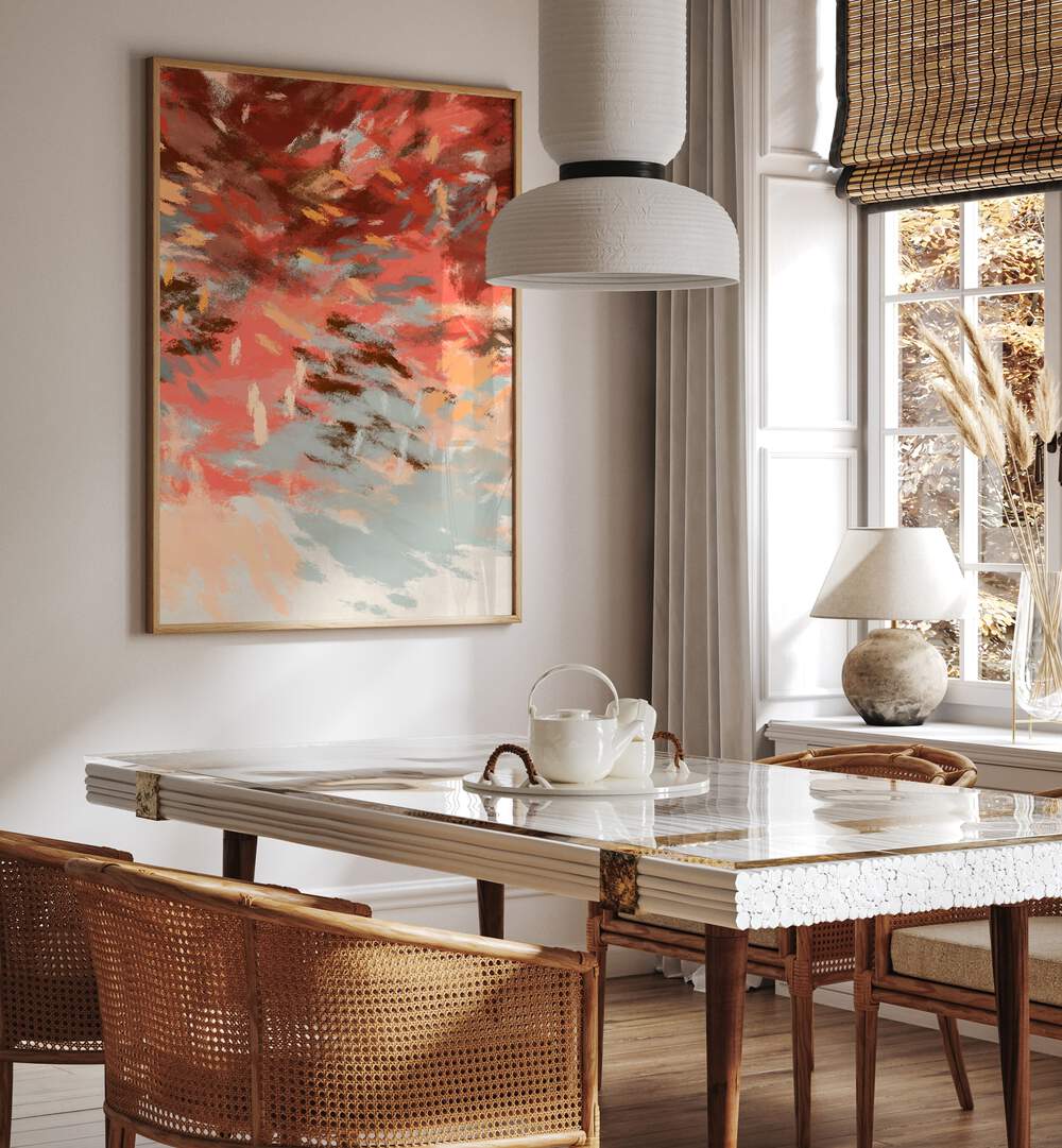 Vibrant AUTUMN SHADOWS III, ABSTRACT PAINTINGS adorns a modern dining space, showcasing fall's beauty and hues.