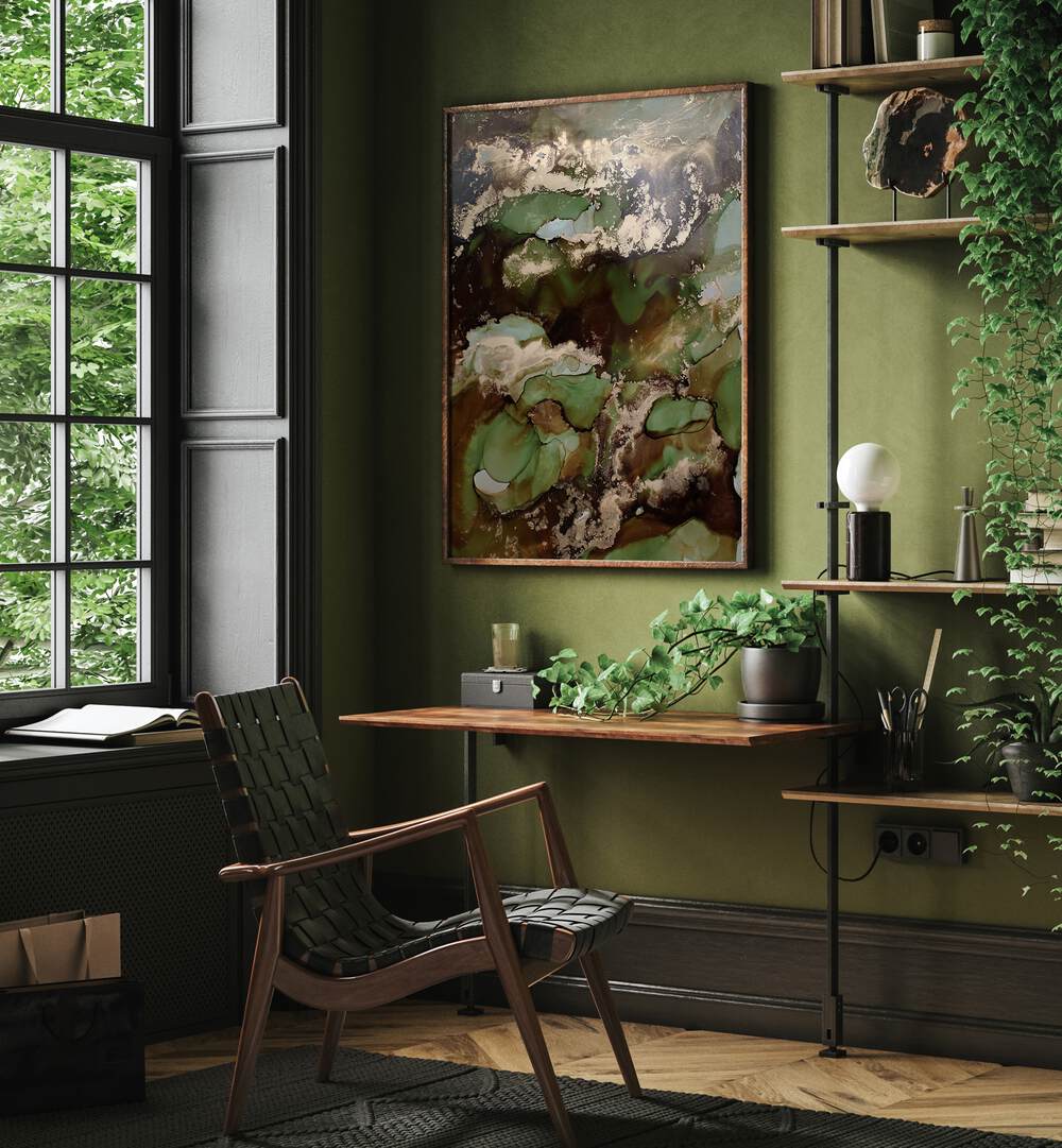 Stylish room featuring GOLDEN BROWN, ABSTRACT PAINTINGS, enhancing the green decor with a touch of elegance.