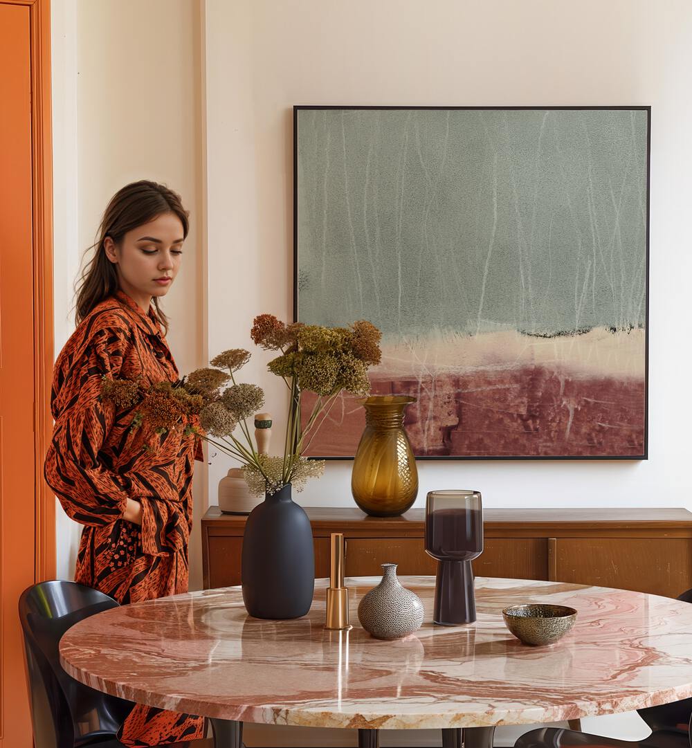 Elegant interior featuring COLOR AND TEXTURE, ABSTRACT PAINTINGS, enhancing creativity in a stylish setting.