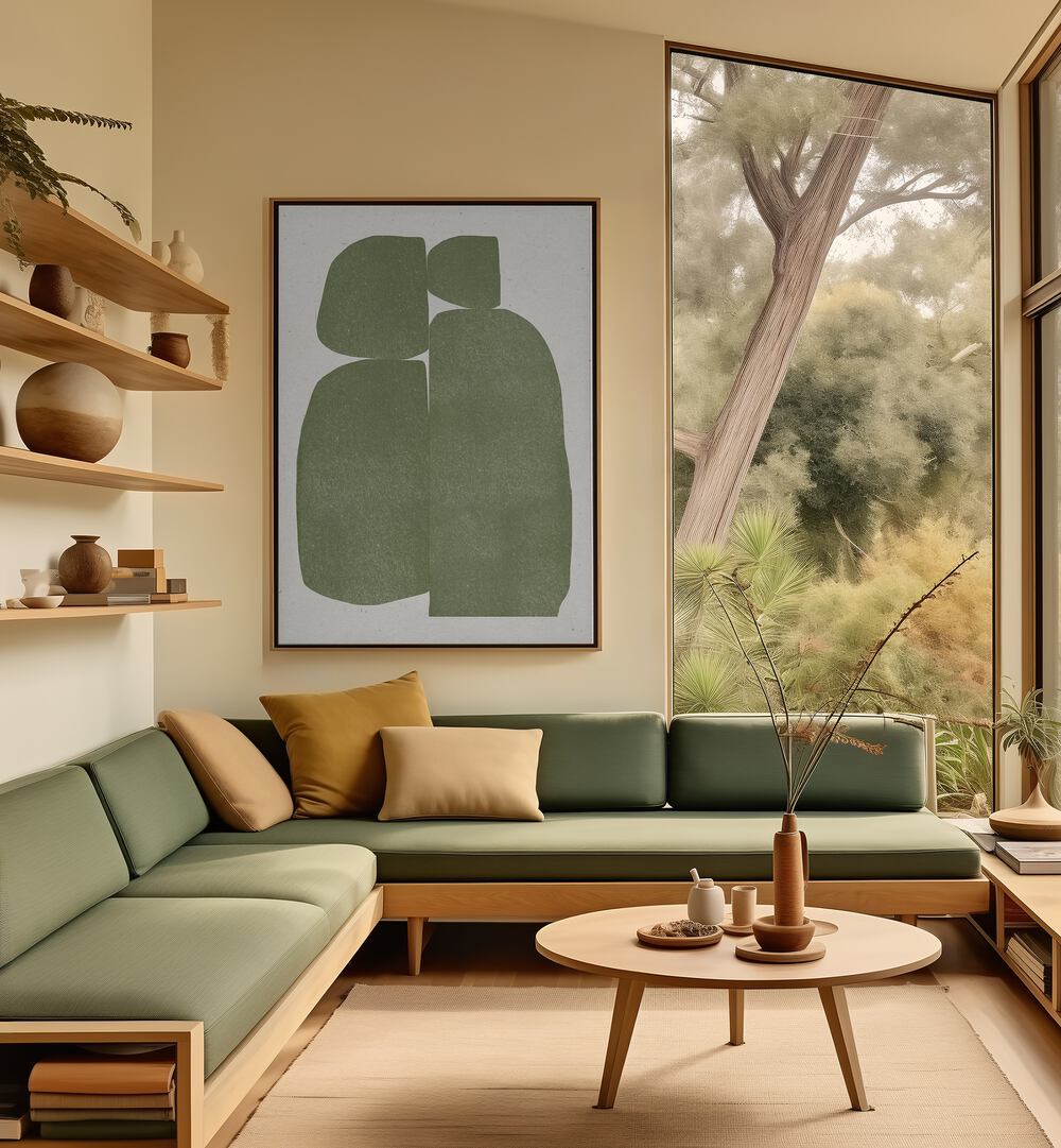 Transform your space with GREEN STONES COMPOSITION, ABSTRACT PAINTINGS featuring rich greens and textured patterns.