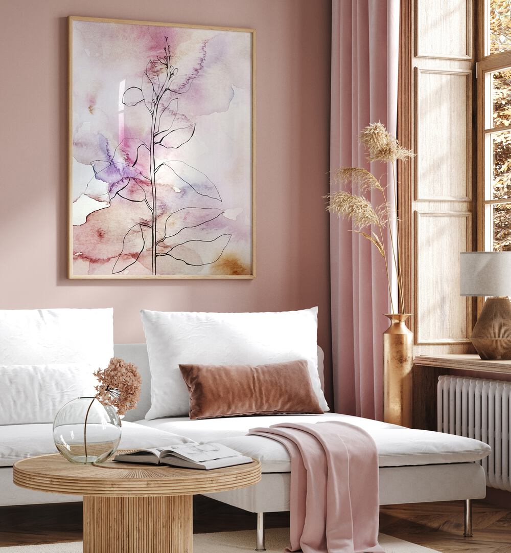 Elegant WHISPER PETALS II, FLORAL FLOWER PAINTINGS adorn a stylish living space, adding a touch of beauty.