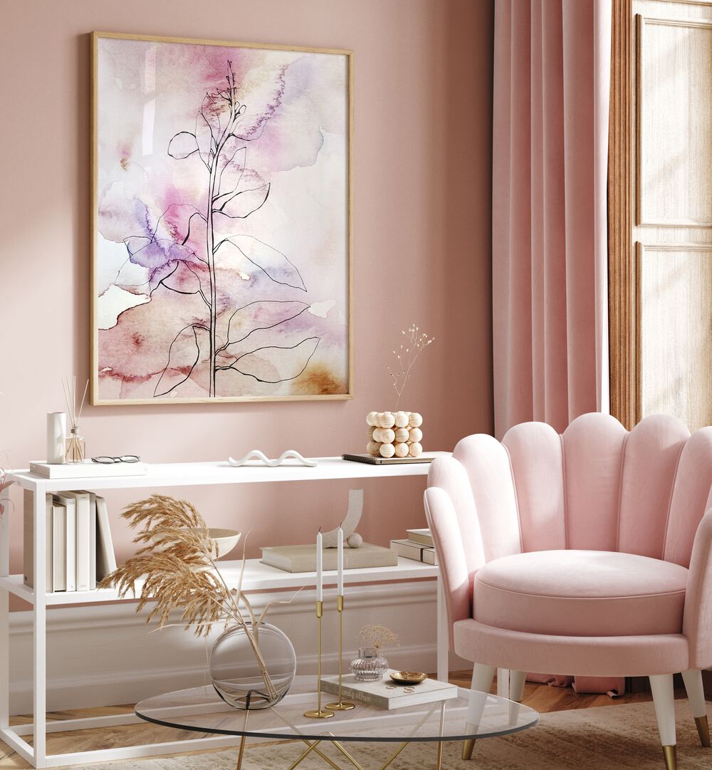 Elegant WHISPER PETALS II, FLORAL FLOWER PAINTINGS adorn a chic pink room, enhancing the modern decor beautifully.