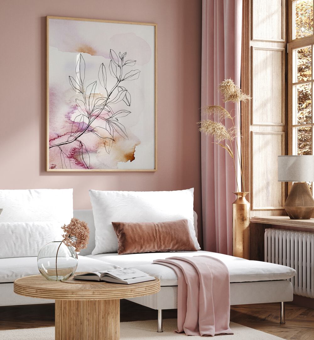 Elegant interior featuring WHISPER PETALS III, FLORAL FLOWER PAINTINGS, enhancing a stylish living space.