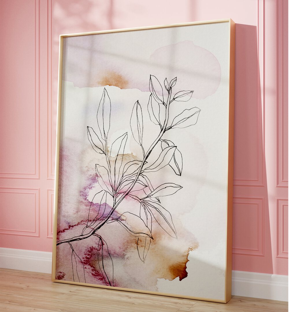 Elegant WHISPER PETALS III, FLORAL FLOWER PAINTINGS on a pink wall, showcasing delicate line art and soft colors.