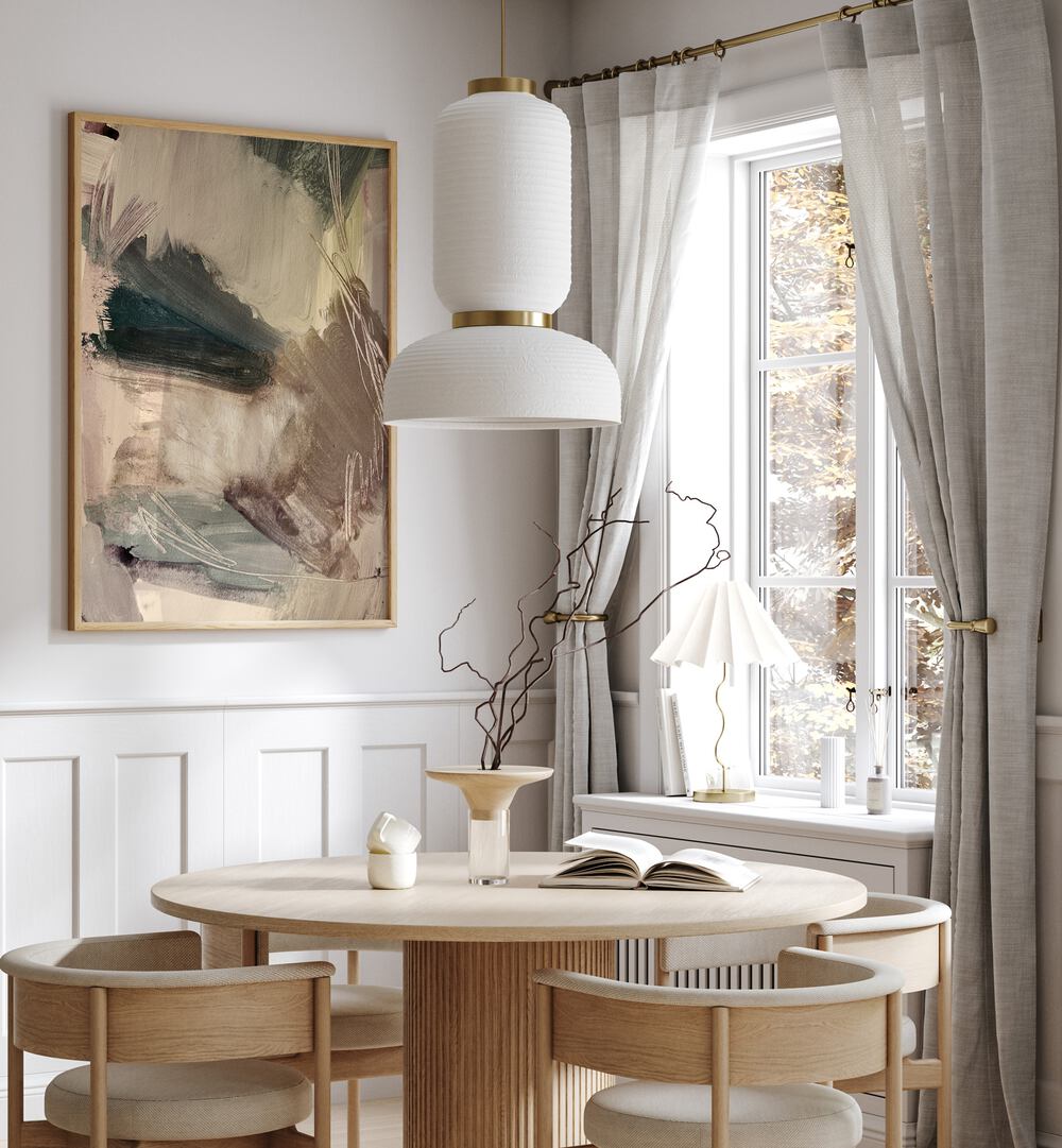 Stylish living space featuring WHISPERING STROKES, ABSTRACT PAINTINGS above a modern dining table, enhancing decor elegance.