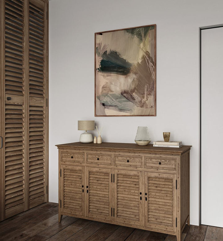 Elegant interior featuring WHISPERING STROKES, ABSTRACT PAINTINGS above a stylish wooden console. Perfect decor accent.