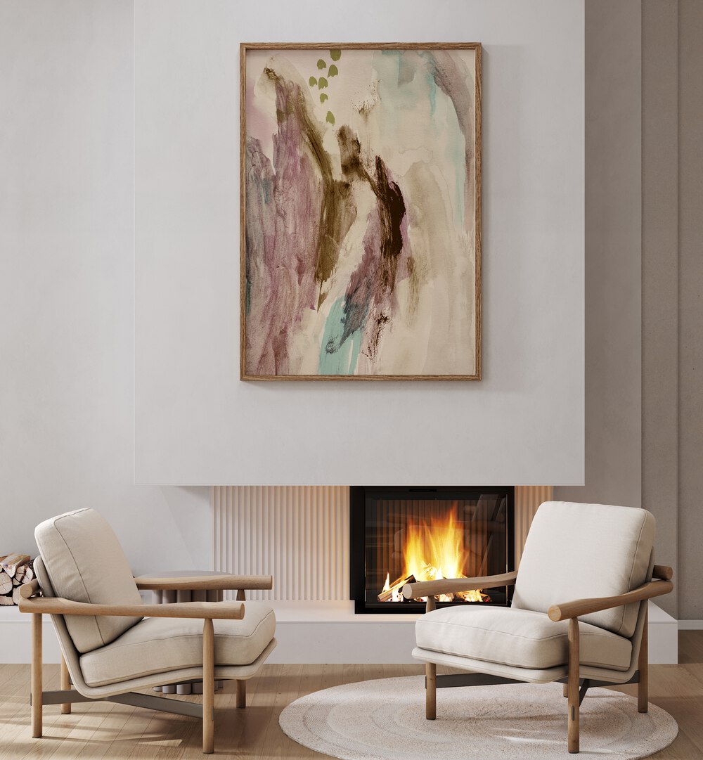 Stylish living room featuring WHISPERS OF COLOR, ABSTRACT PAINTINGS above a cozy fireplace, enhancing modern decor.