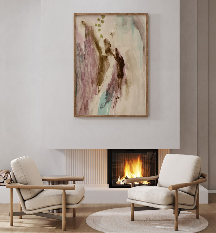 Stylish living room featuring WHISPERS OF COLOR, ABSTRACT PAINTINGS above a cozy fireplace, enhancing modern decor.