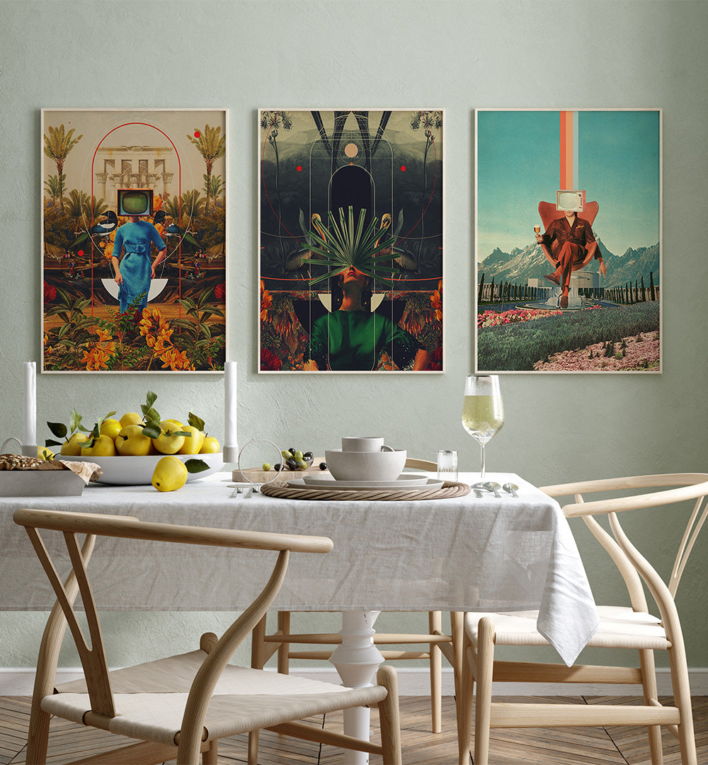 Dining room with a table set for a meal, featuring three colorful abstract paintings on the wall.