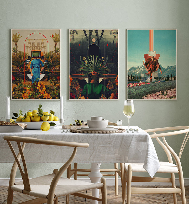 Dining room with a table set for a meal, featuring three colorful abstract paintings on the wall.