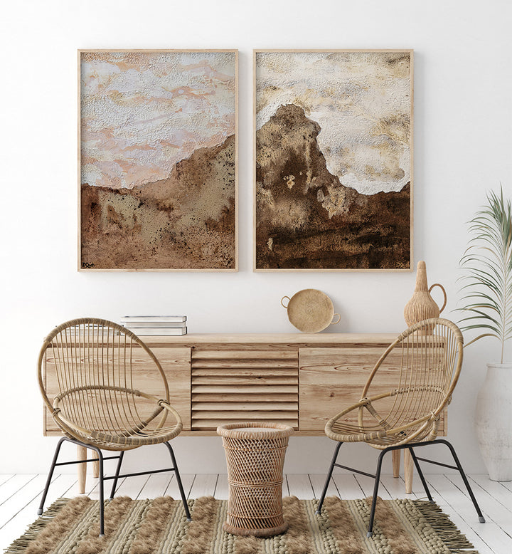 Modern interior with wooden furniture, wicker chairs, and abstract wall art.