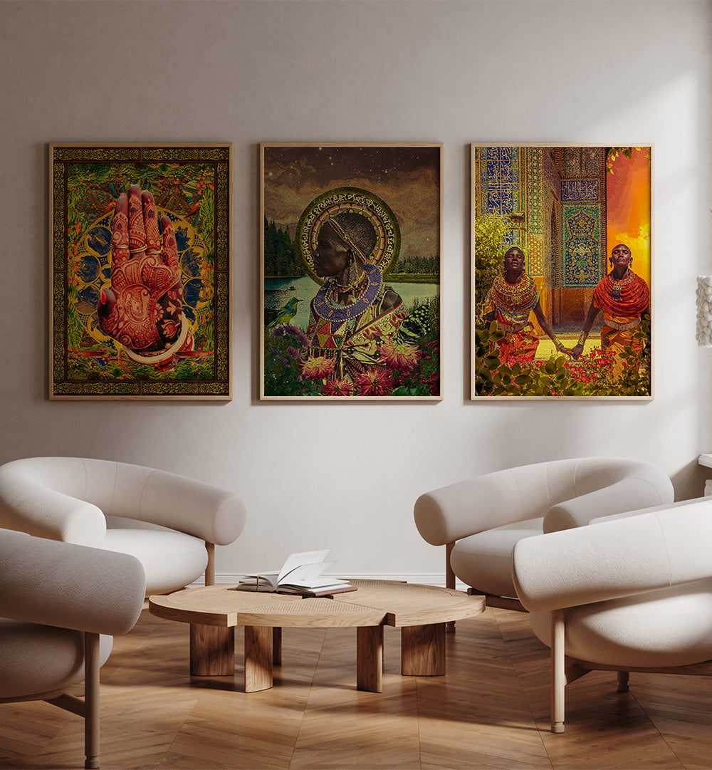 Living room with modern furniture and colorful wall art