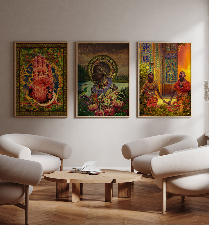 Living room with modern furniture and colorful wall art