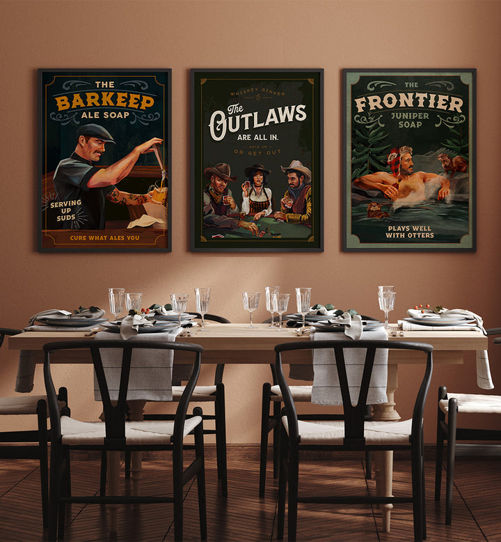 Dining room with vintage-style posters on the wall