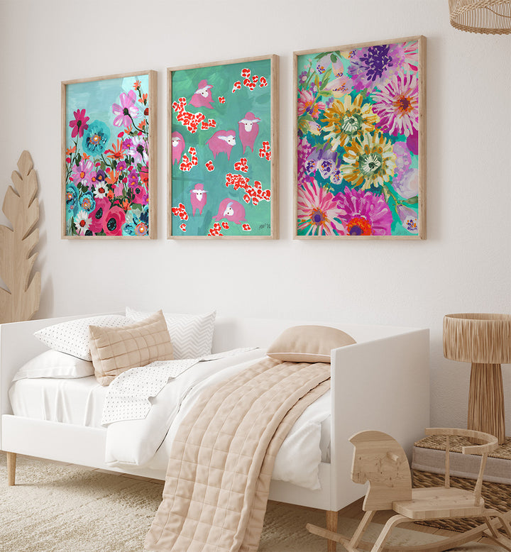 Colorful floral wall art above a bed in a bedroom setting