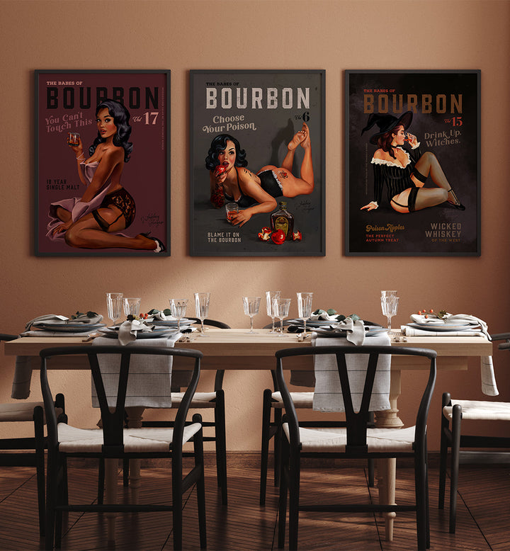 Dining room with bourbon-themed posters on the wall
