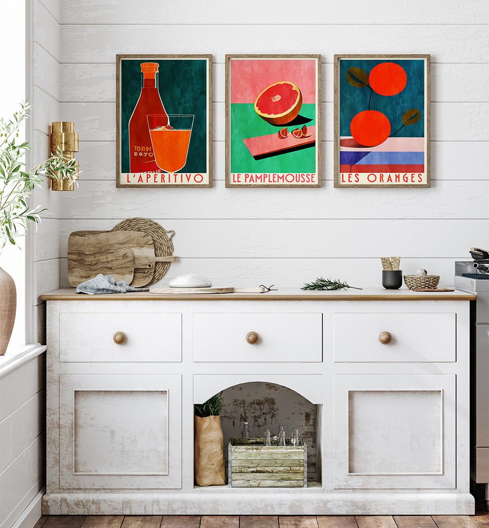 Kitchen with a white cabinet and colorful abstract art on the wall.