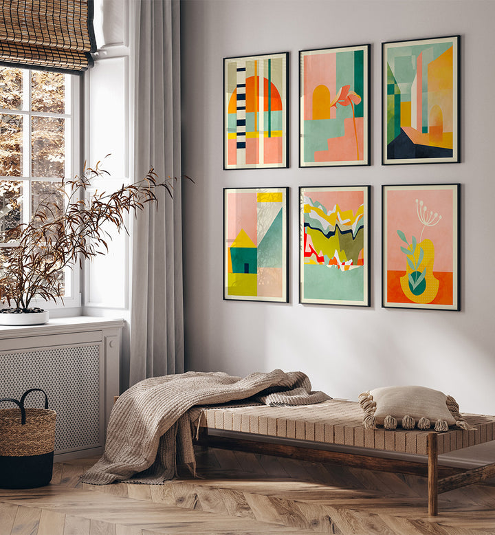 Modern bedroom with abstract art on the wall and a wooden bed.