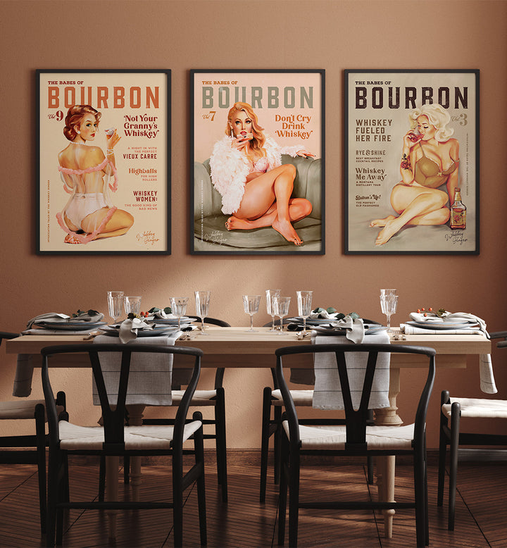 Dining room with bourbon-themed posters on the wall