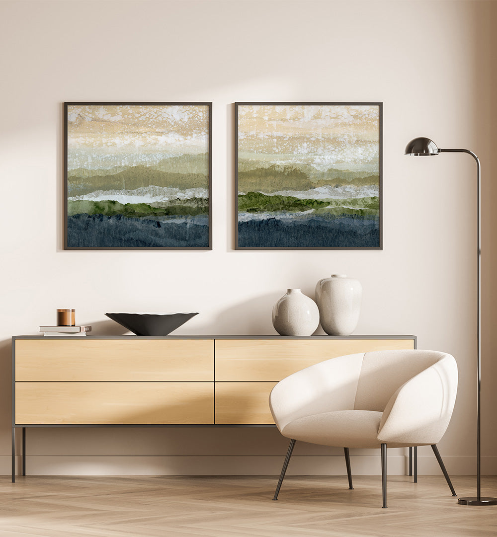 Modern interior with a wooden sideboard, white chair, and abstract wall art.