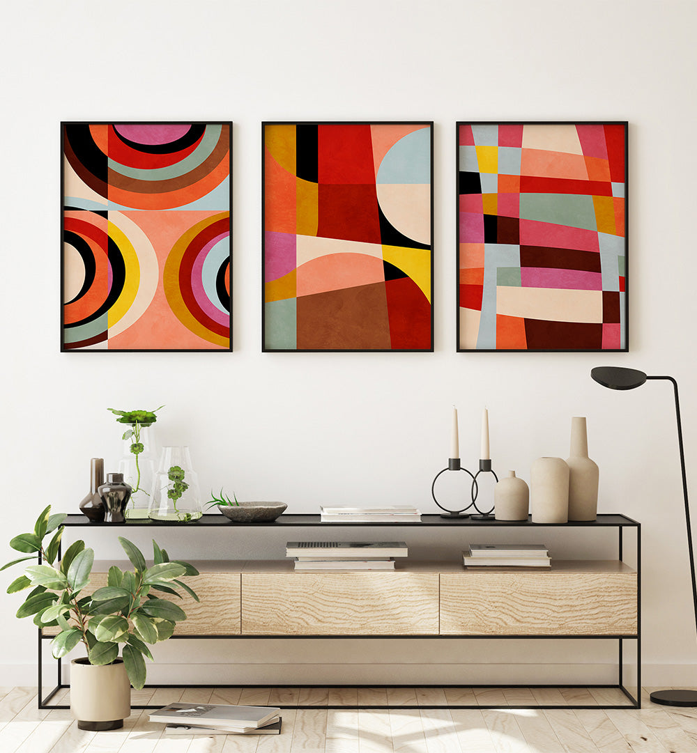 Modern living room with abstract art on the wall and a console table.