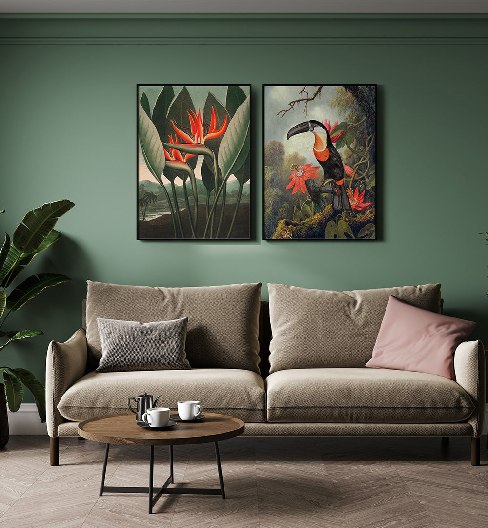 Living room with a beige sofa, round coffee table, and wall art depicting plants and animals.