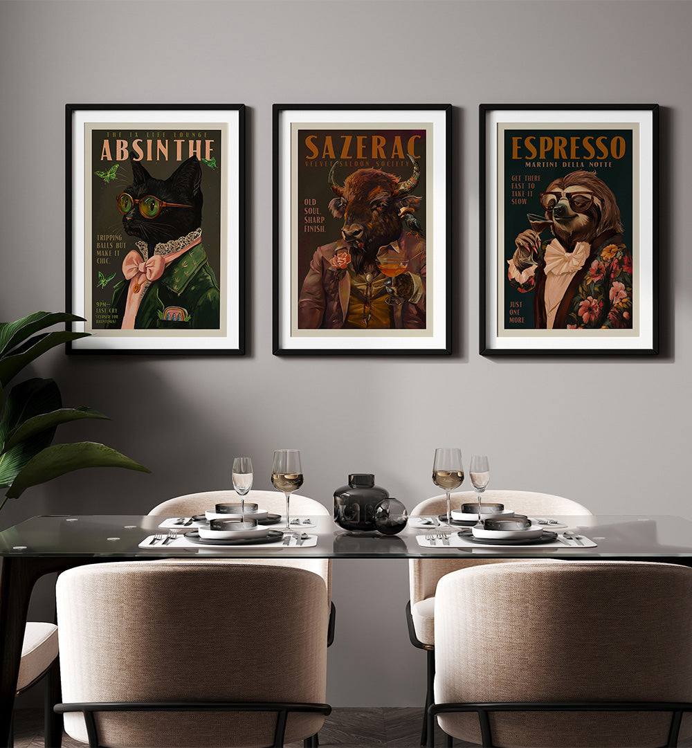 Dining room with framed posters on the wall