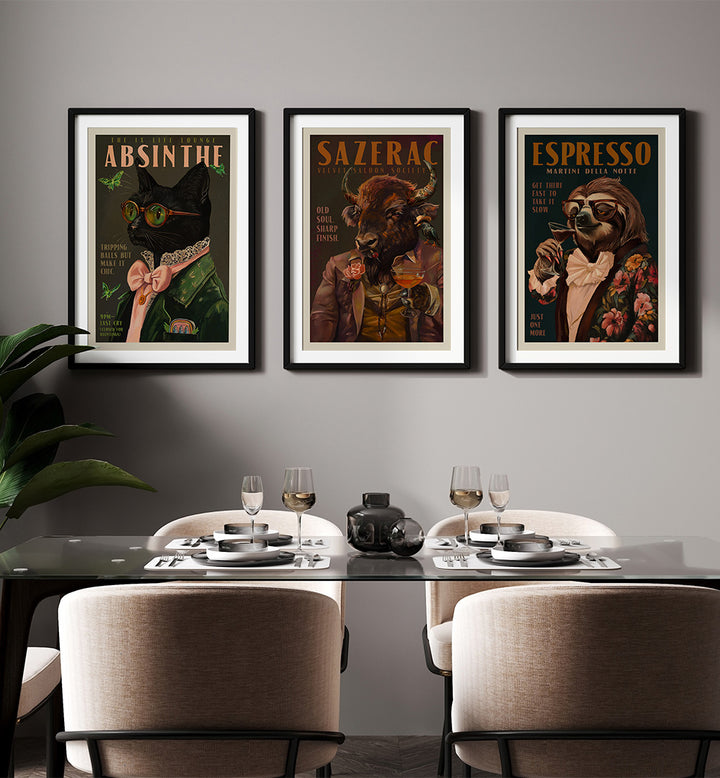 Dining room with framed posters on the wall