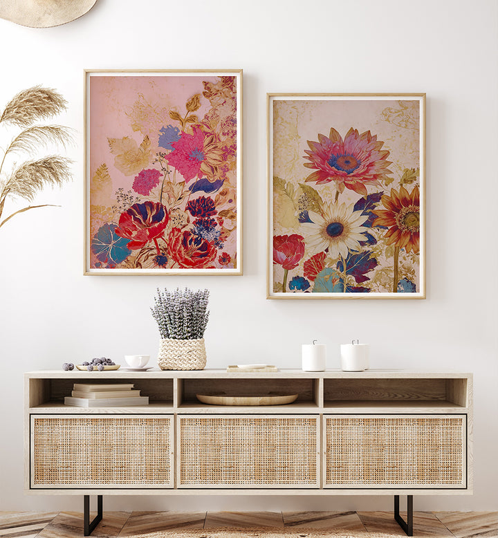 Floral artwork on a wall above a wooden console table with decorative items.