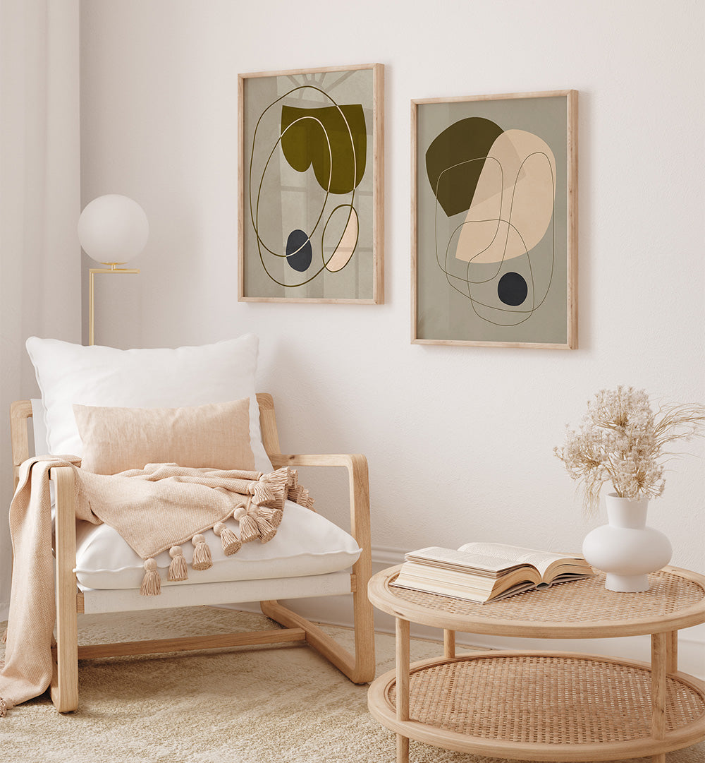 Modern living room with abstract art, a chair, and a coffee table.