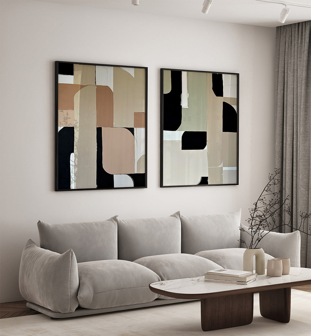 Modern living room with abstract art on the wall and a gray sofa.