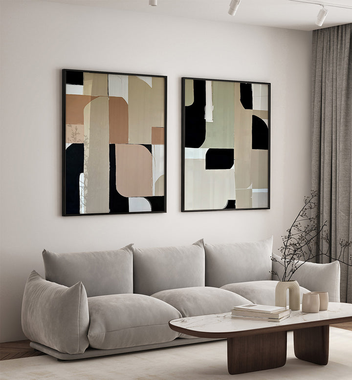 Modern living room with abstract art on the wall and a gray sofa.