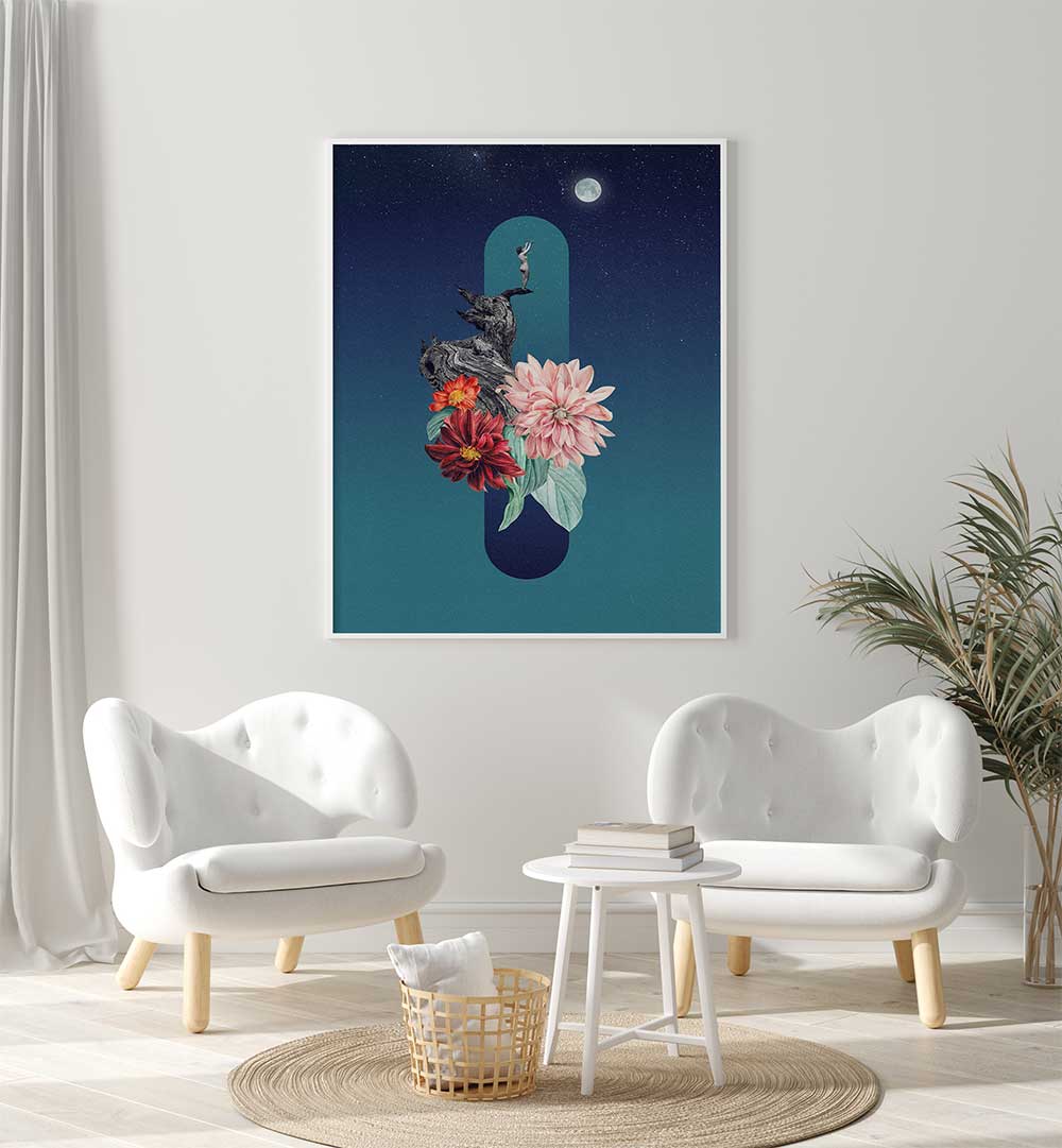 FULL MOON, SURREAL ART PRINTS feature vibrant flowers and a whimsical scene, perfect for modern decor.