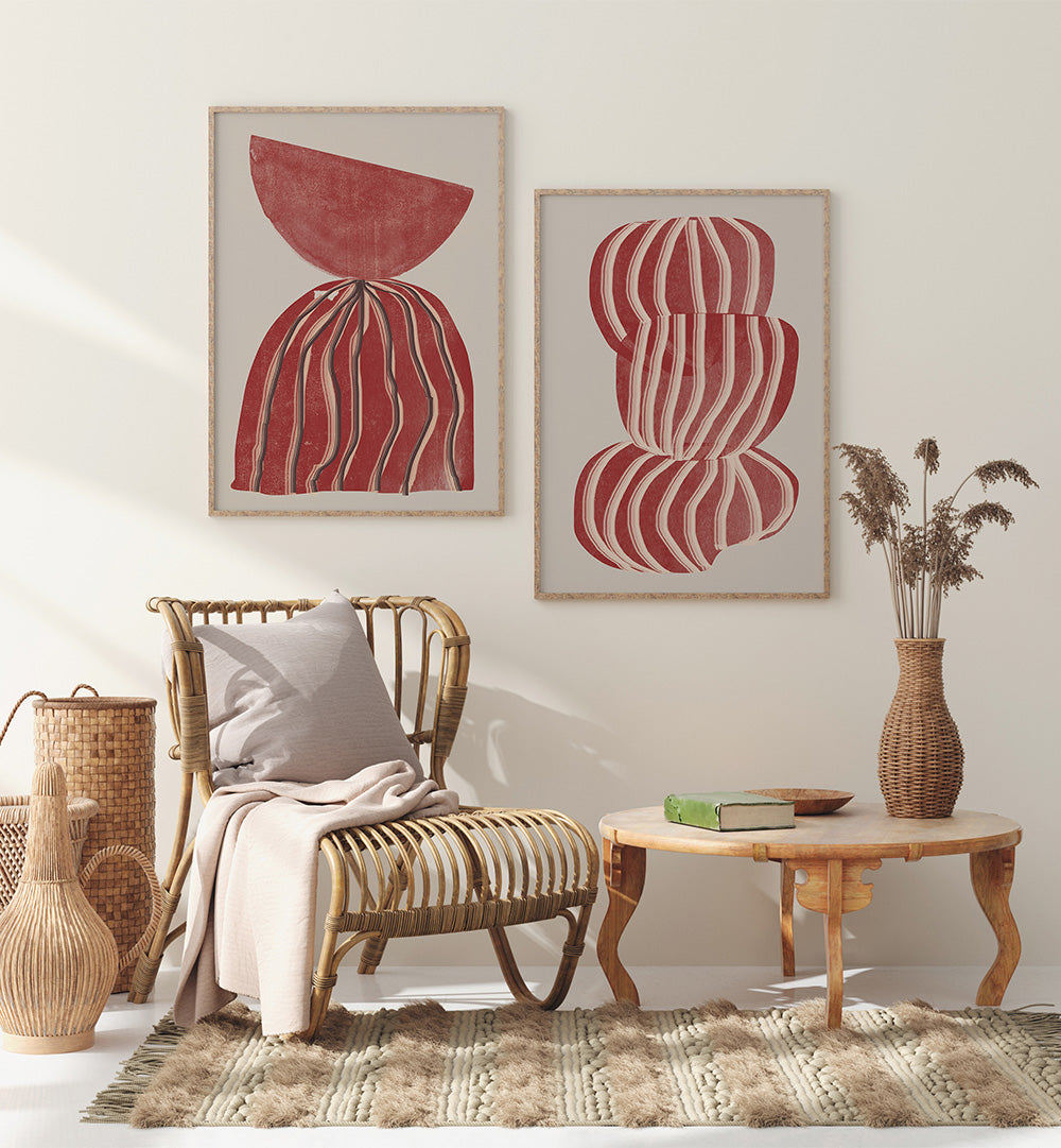 Living room with wicker chair, wooden table, and abstract wall art.