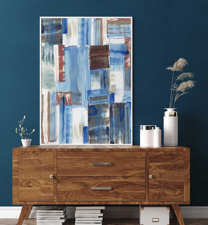 Stunning ICY BLUE, ABSTRACT PAINTINGS on a modern wall, perfect for transforming your space with vibrant artistry.