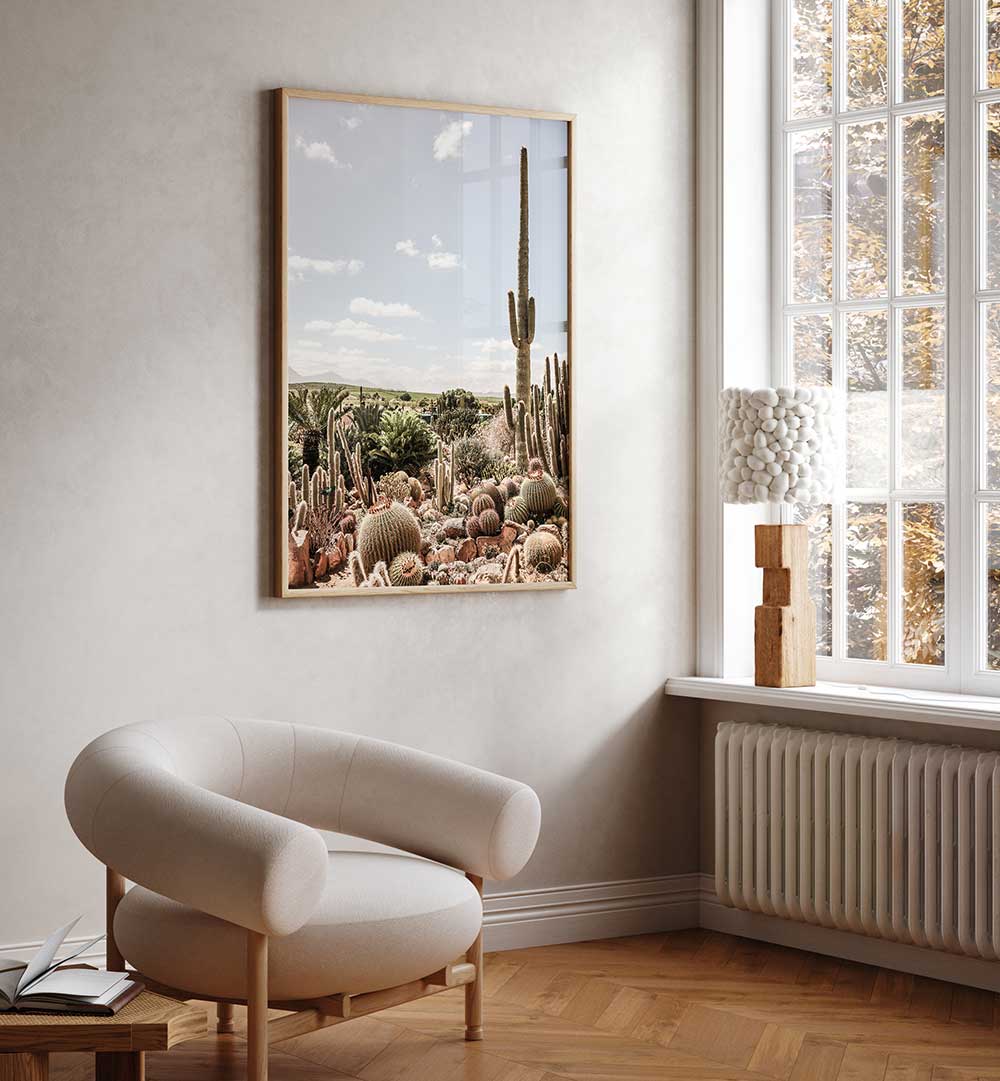 DESERT SYMPHONY , COWBOY cactus landscape print in Modern Americana home decor, framed wall art above lounge chair