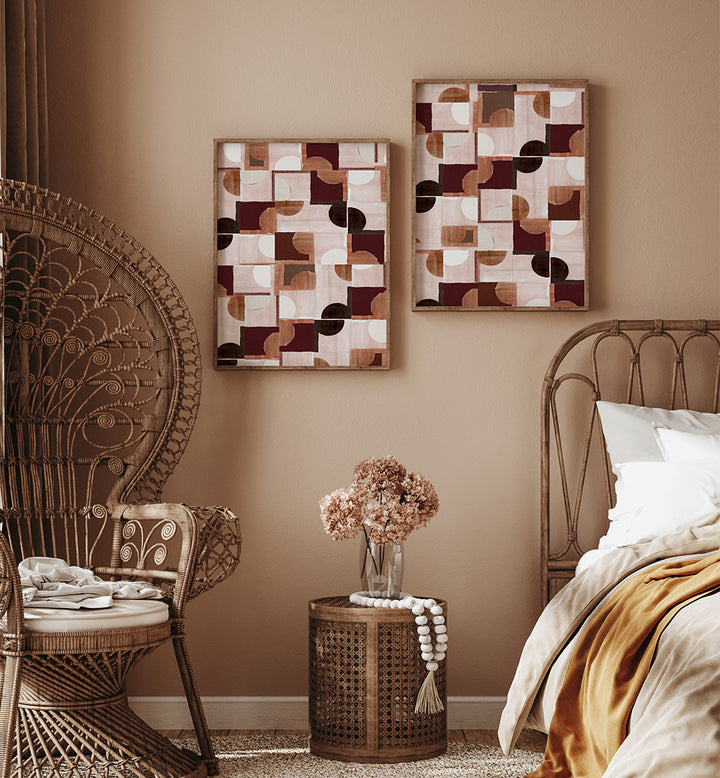 Decorative bedroom with wicker chair, nightstand, and wall art.