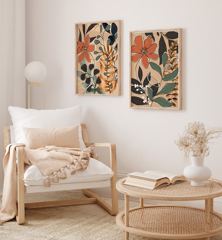 Living room with a wooden armchair, floral wall art, and a small table with a book and vase.