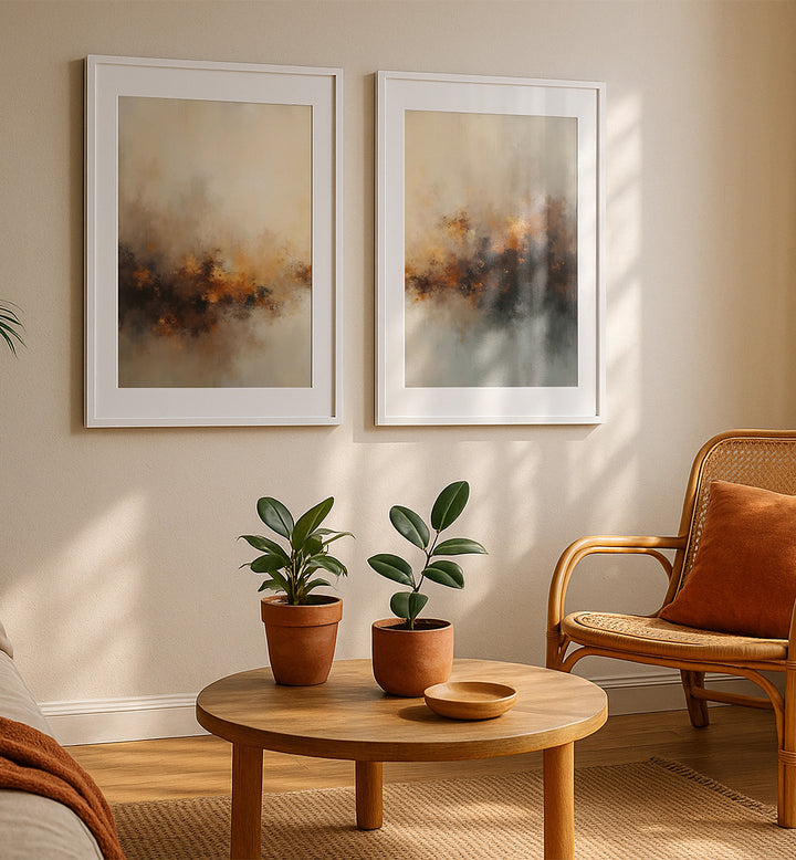 Living room with two abstract paintings, a wooden coffee table with plants, and a wicker chair.