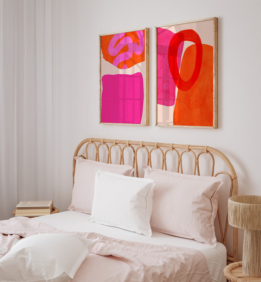 Bedroom with abstract art on the wall and a bed with white bedding.