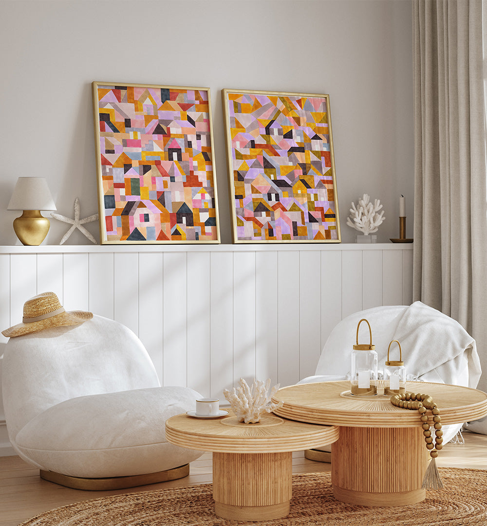 COLOURFUL RETRO GEO ABSTRACT , SET OF 2 PAINTINGS