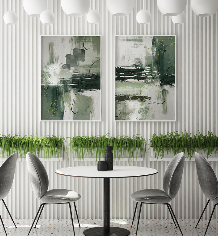 Modern interior design with abstract art, round table, and chairs.