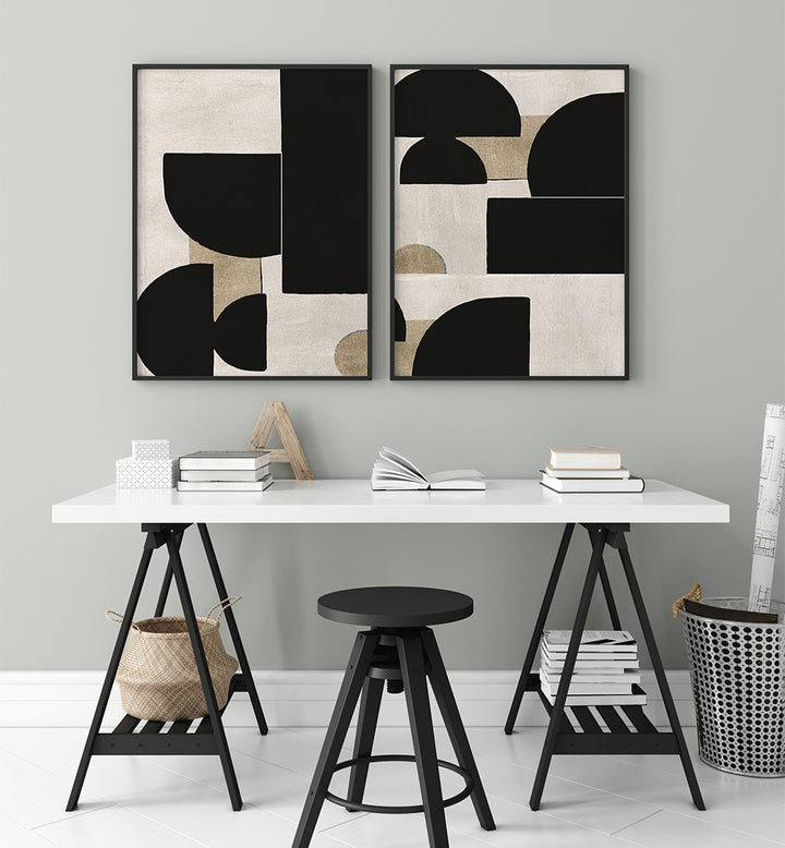 Modern interior with abstract wall art, a desk, and minimal decor.