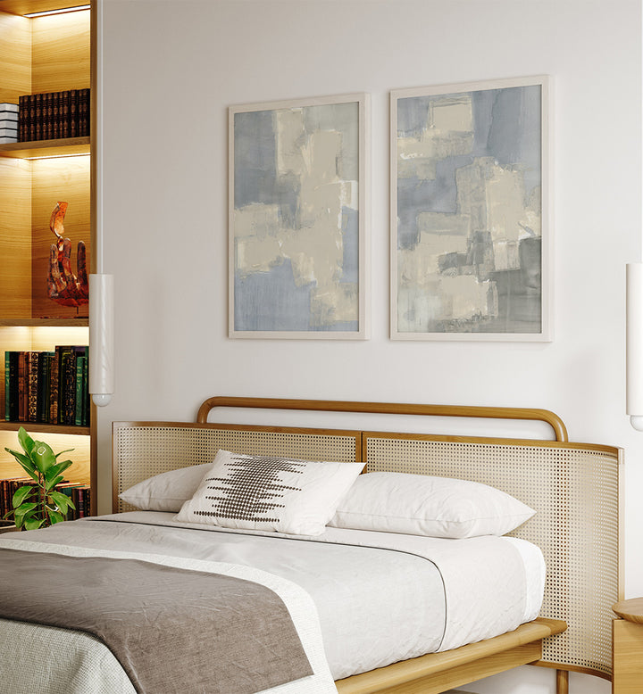 Modern bedroom with a bed, abstract art on the wall, and a plant.